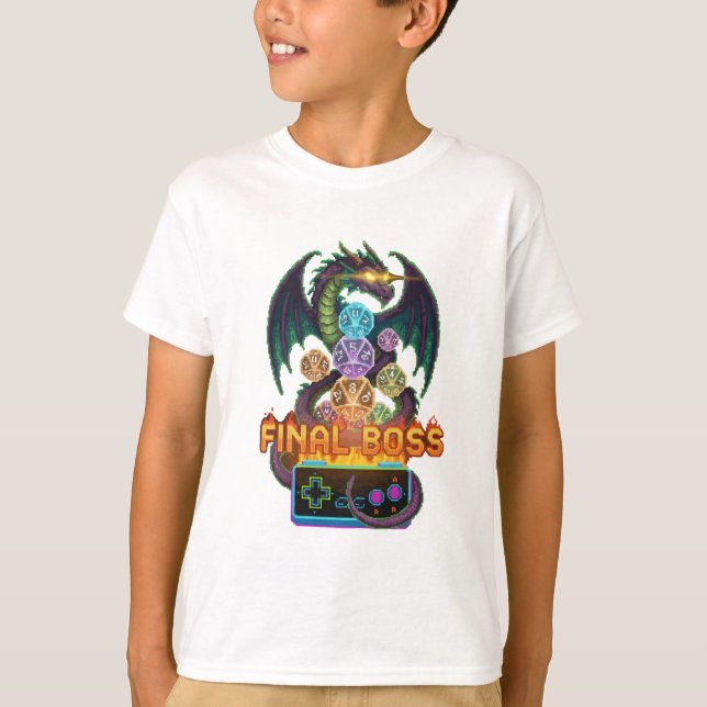 Retro Final Boss Dragon & Dice | Gamer TTRPG Pixel T Shirt (Framsida)