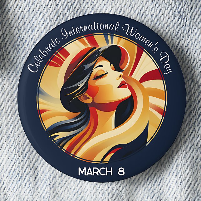 Retro Firar kvinnodagen i Internationell Knapp (Navy Blue Celebrate International Women's Day March 8 pinback button.)