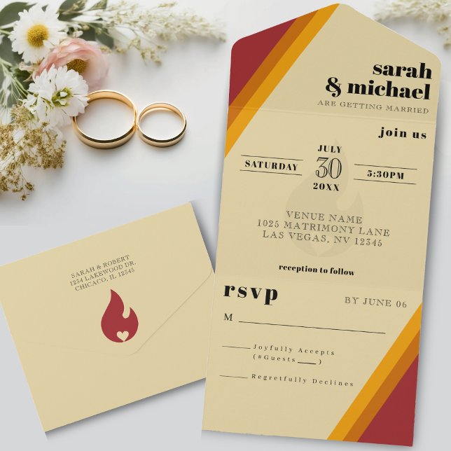 Retro Fire Heart-randig bröllopsmottagning (Retro Fire Heart Striped Wedding Reception All In One Invitation
)
