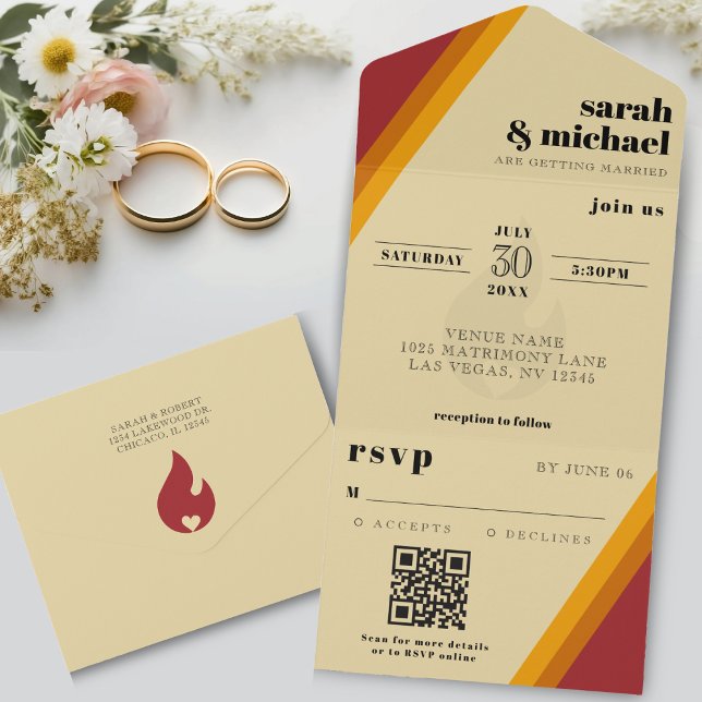 Retro Fire Heart-randig bröllopsmottagning (Retro Fire Heart Striped Wedding Reception All In One Invitation
)