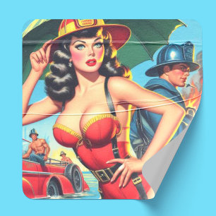 Retro Firefighter Girl Fyrkantigt Klistermärke