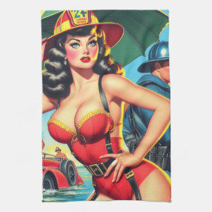 Retro Firefighter Girl Kökshandduk