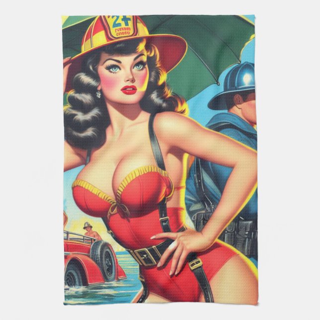 Retro Firefighter Girl Kökshandduk (Vertikal)
