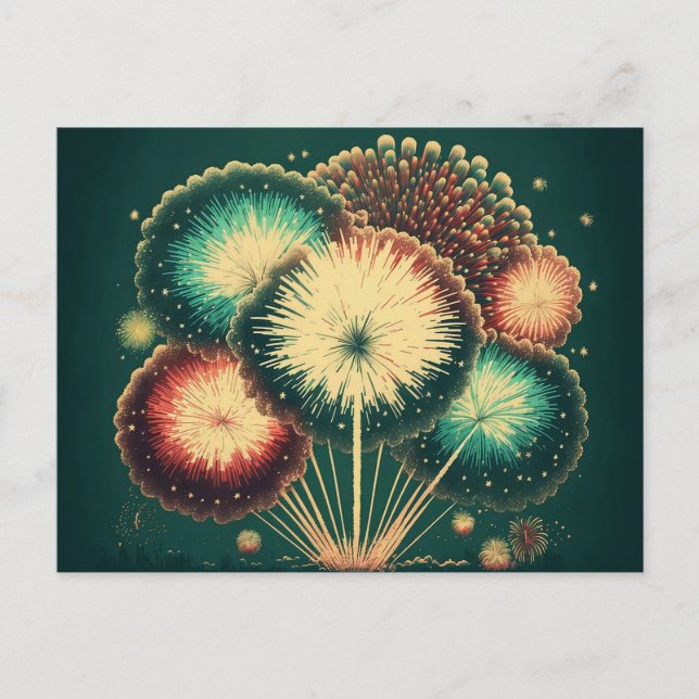 Retro Fireworks over City-vykort Vykort (Framsida)
