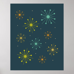 Retro Fireworks Starburgare på Mörk blått 2000-tal Poster