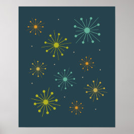 Retro Fireworks Starburs på Mörk blått Midsekel Poster