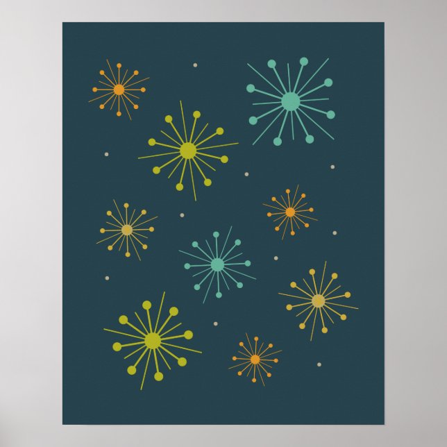 Retro Fireworks Starburs på Mörk blått Midsekel Poster (Framsidan)