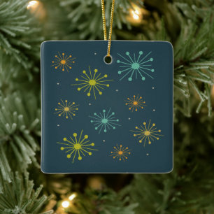 Retro Fireworks Starbursts Mörk blått Mid Century Julgransprydnad Keramik