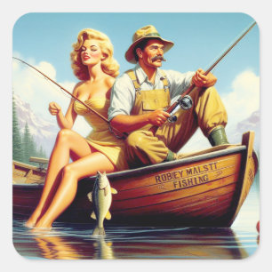 Retro FIshing Illustration Fyrkantigt Klistermärke