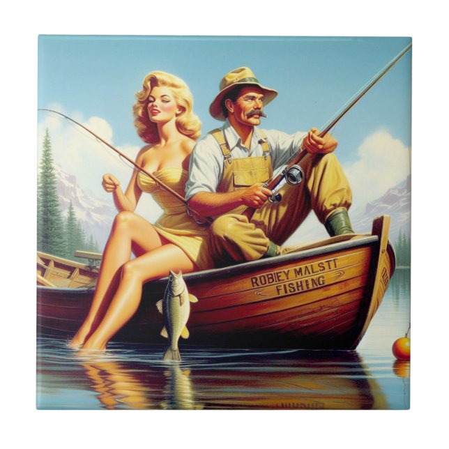 Retro FIshing Illustration Kakelplatta (Framsidan)