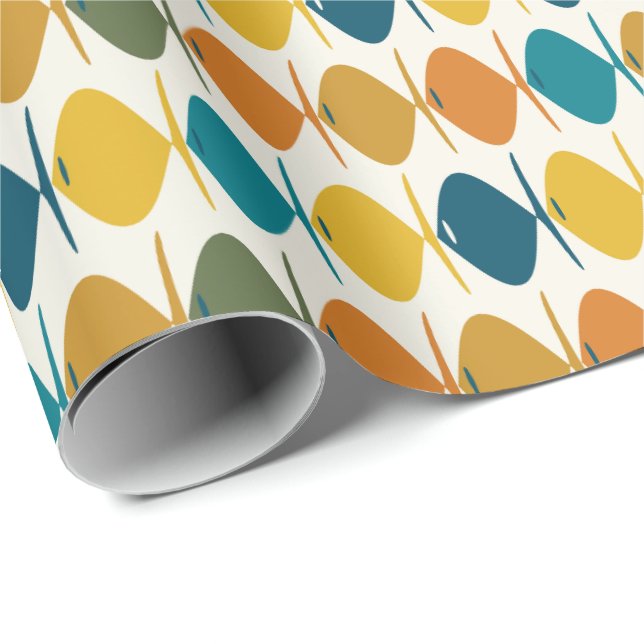 Retro Fisk Mid Century Modern Flerfärgad Mönster Presentpapper (Rullad Hörn)