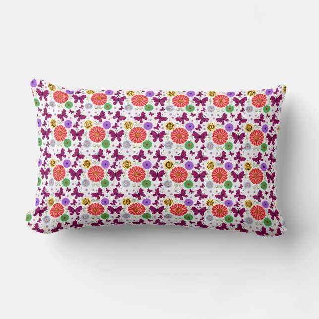 Retro fjäril Blommönster Färgrik Folkkonst  Lumbarkudde (Framsida)