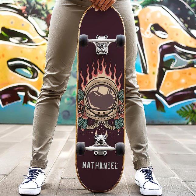 Retro Flaming Astronaut Ro Personlig Namn Mini Skateboard Bräda 18,5 Cm (Skapare uppladdad)