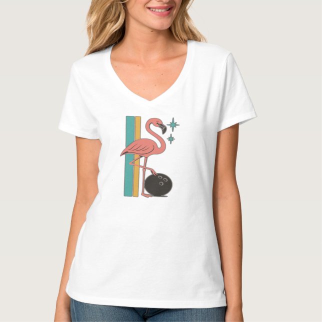 Retro Flamingo Bowling Midcentury Konst T Shirt (Framsida)
