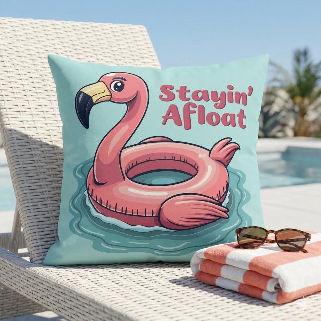 Retro Flamingo Flyter Funny Summer Kudde (Retro Flamingo Float Funny Summer Throw Pillow On Poolside Chaise)