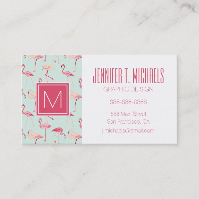 Retro Flamingo-mönster| Monogram Visitkort (Framsida)