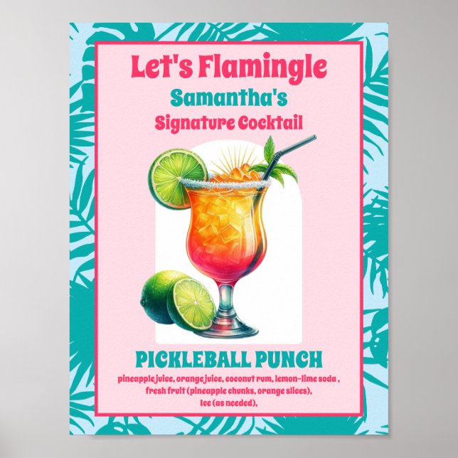 Retro Flamingo Pickleball Möhippa Cocktail Poster (Framsidan)