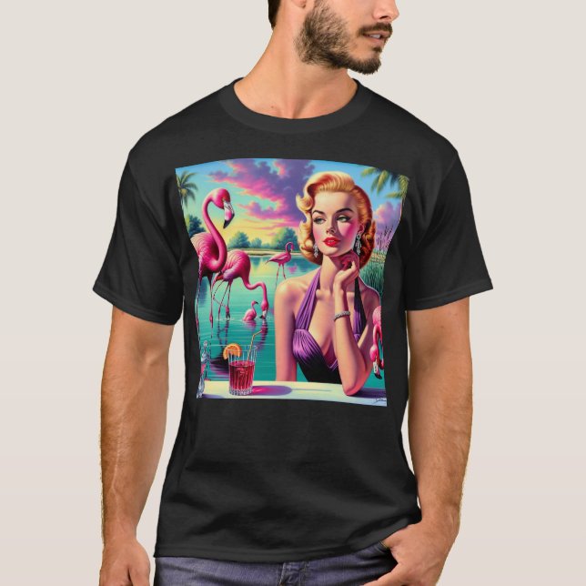 Retro Flamingo Pin-Up T Shirt (Framsida)