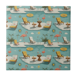 Retro Flamingo Pool sida Sommar Mönster (10) Kakelplatta