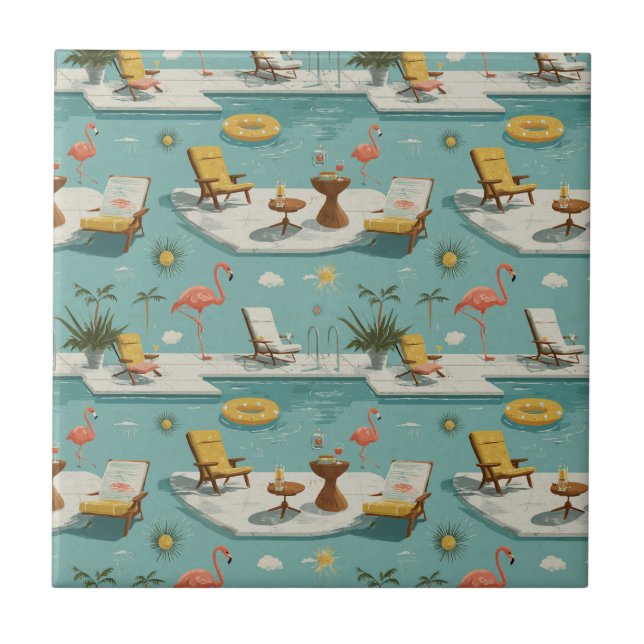 Retro Flamingo Pool sida Sommar Mönster (10) Kakelplatta (Framsidan)