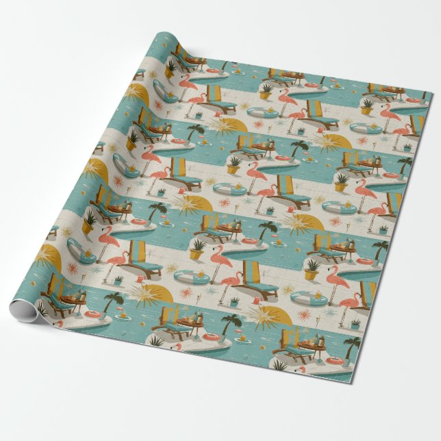 Retro Flamingo Pool sida Sommar Mönster (10) Presentpapper (Utrullad)