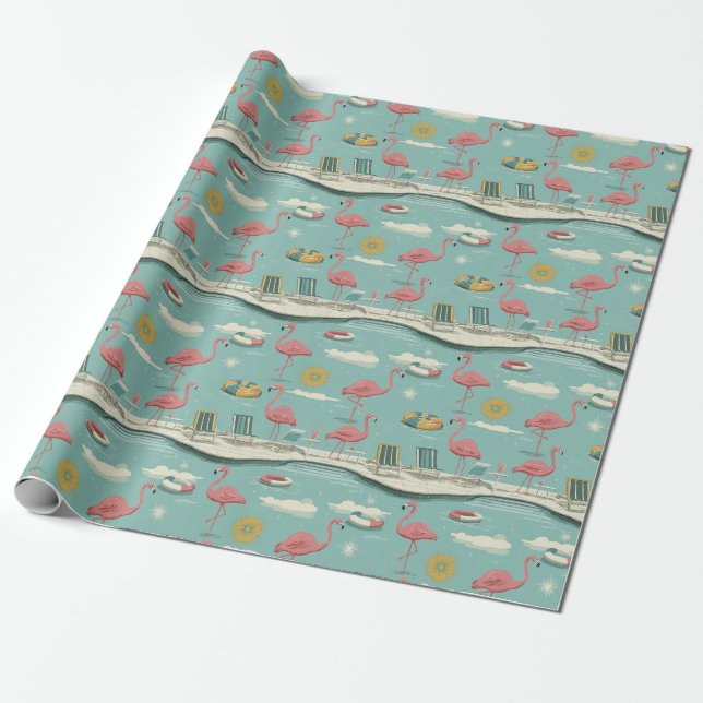 Retro Flamingo Pool sida Sommar Mönster (5) Presentpapper (Utrullad)