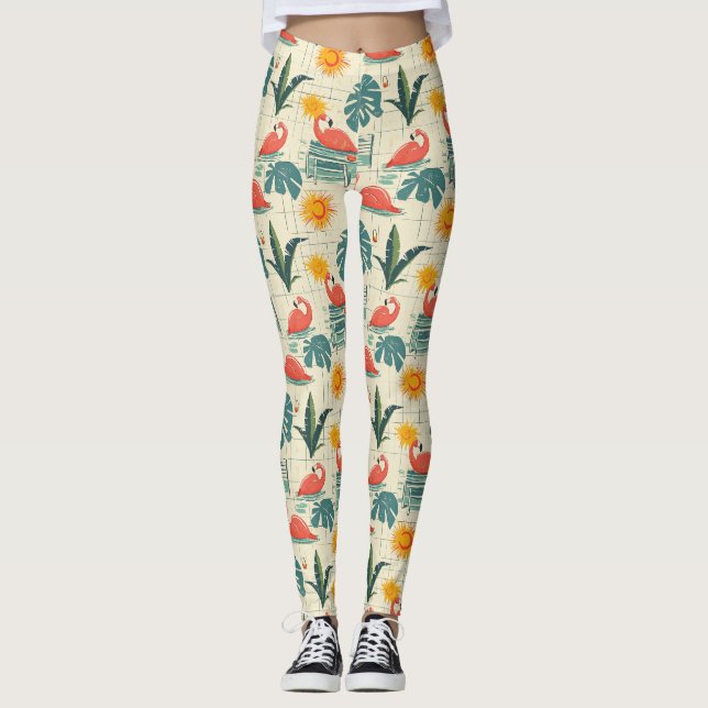 Retro Flamingo Pool Summer Mönster (12) Leggings (Framsida)