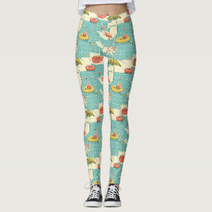 Retro Flamingo Pool Summer Mönster (4) Leggings