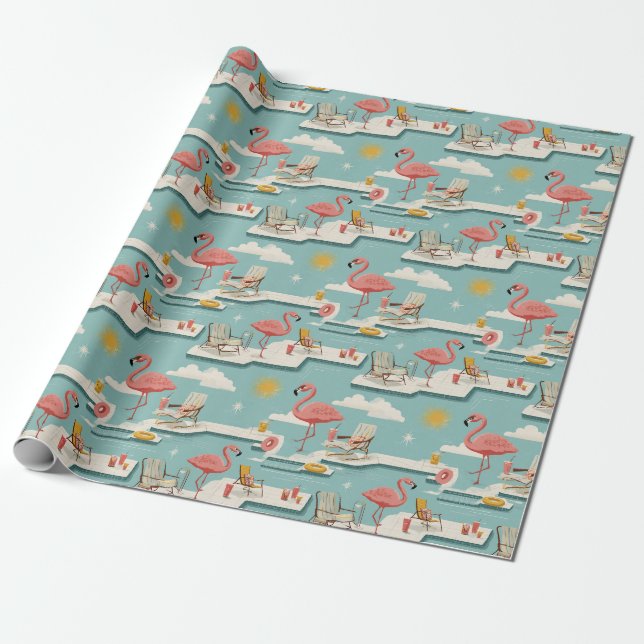 Retro Flamingo Pool Utomhus Sommar Mönster (7) Presentpapper (Utrullad)