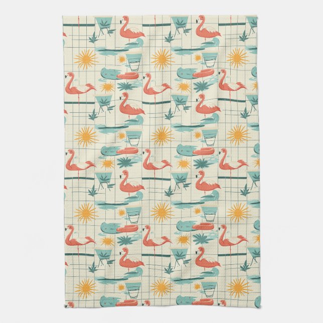 Retro Flamingo Poolparty Sommar Mönster (3) Kökshandduk (Vertikal)
