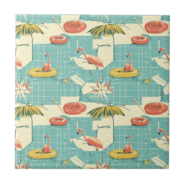 Retro Flamingo Poolparty Sommar Mönster (7) Kakelplatta (Framsidan)