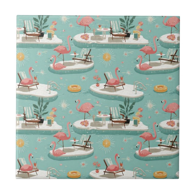 Retro Flamingo Poolside Summer Pattern (11) Kakelplatta (Framsidan)