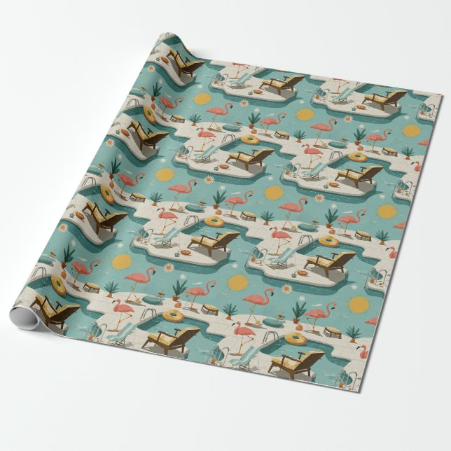 Retro Flamingo Poolside Summer Pattern (1) Presentpapper (Utrullad)