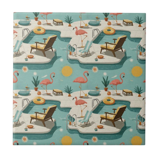 Retro Flamingo Poolside Summer Pattern (2) Kakelplatta (Framsidan)