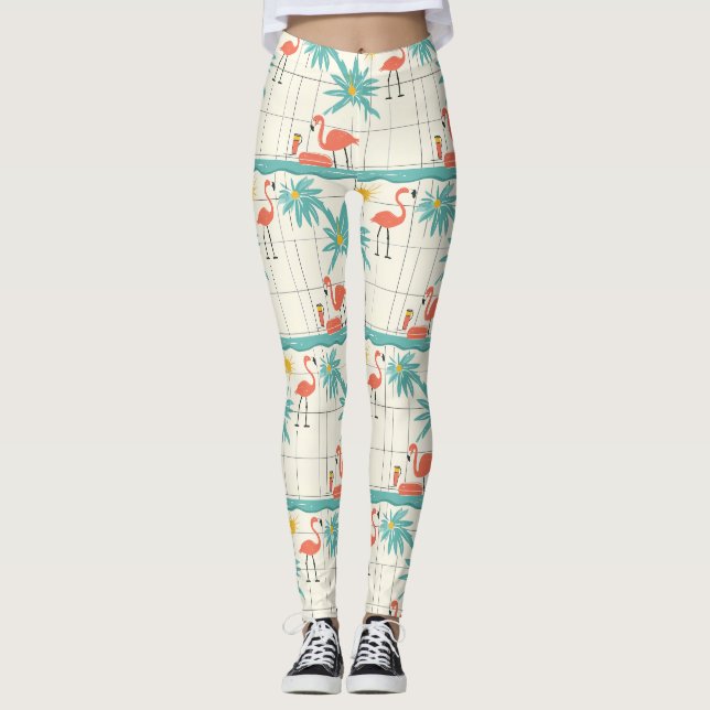 Retro Flamingo Poolside Summer Pattern (2) Leggings (Framsida)