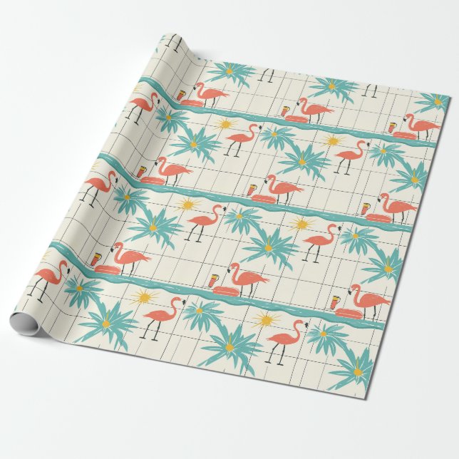 Retro Flamingo Poolside Summer Pattern (2) Presentpapper (Utrullad)