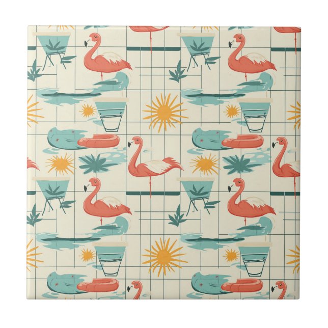 Retro Flamingo Poolside Summer Pattern (3) Kakelplatta (Framsidan)