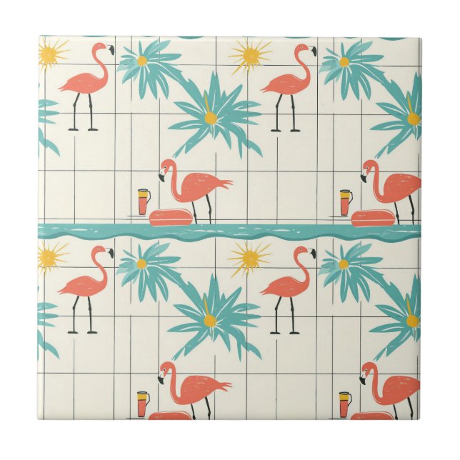 Retro Flamingo Poolside Summer Pattern (4) Kakelplatta (Framsidan)