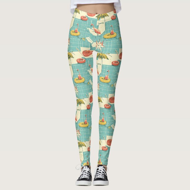 Retro Flamingo Poolside Summer Pattern (4) Leggings (Framsida)
