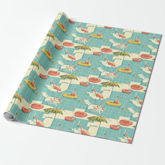 Retro Flamingo Poolside Summer Pattern (4) Presentpapper (Utrullad)