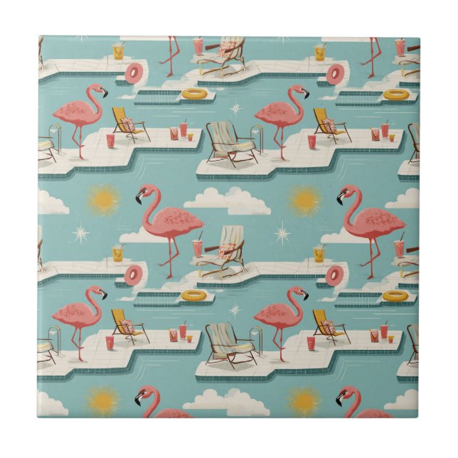 Retro Flamingo Poolside Summer Pattern (6) Kakelplatta (Framsidan)