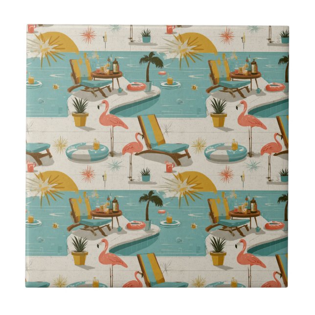 Retro Flamingo Poolside Summer Pattern (8) Kakelplatta (Framsidan)