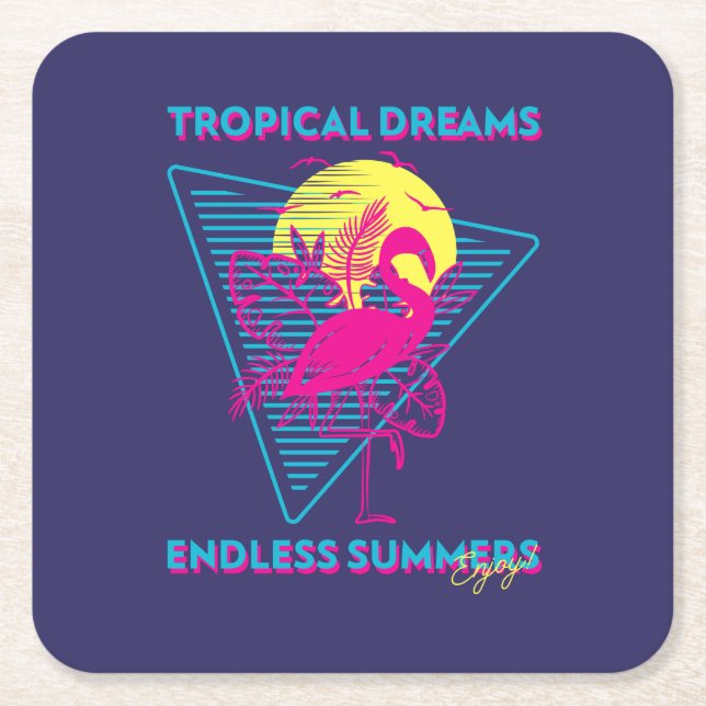 Retro Flamingo Solnedgång Synthwave Vibe Underlägg Papper Kvadrat (Framsidan)