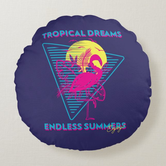 Retro Flamingo Solnedgång Synthwave Vibes Rund Kudde (Framsidan)