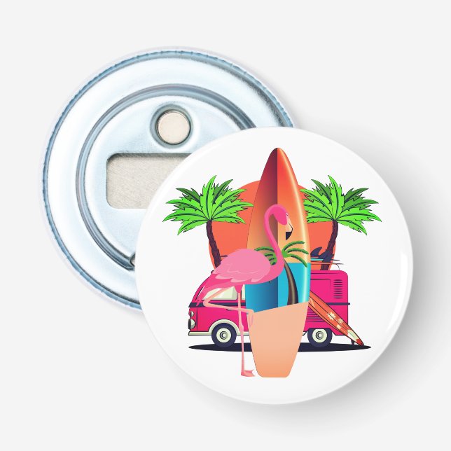 Retro Flamingo Surf Scen Strand Flasköppnare (Framsidan)