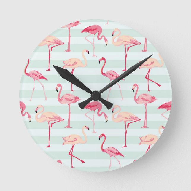 Retro Flamingos på Mint Rand Rund Klocka (Framsida)