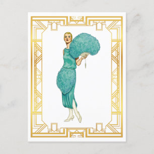 Retro Flapper Teal Feather Vintage Art Vykort