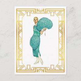 Retro Flapper Teal Feather Vintage Art Vykort