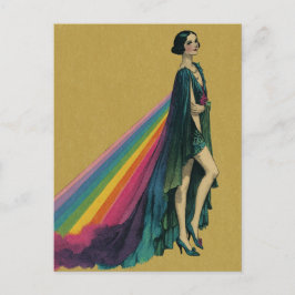 Retro Flapper Woman i Regnbåge Cape Vykort