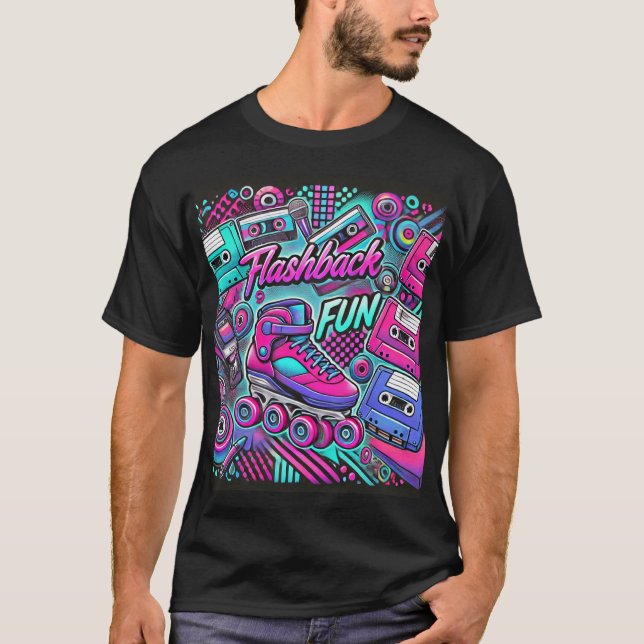 Retro Flashback Roligt Roller Skate and Cassette A T Shirt (Framsida)